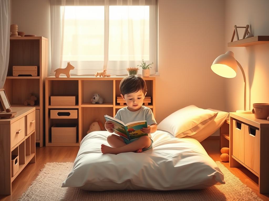 Child engaged in calm bedtime Montessori routine activities