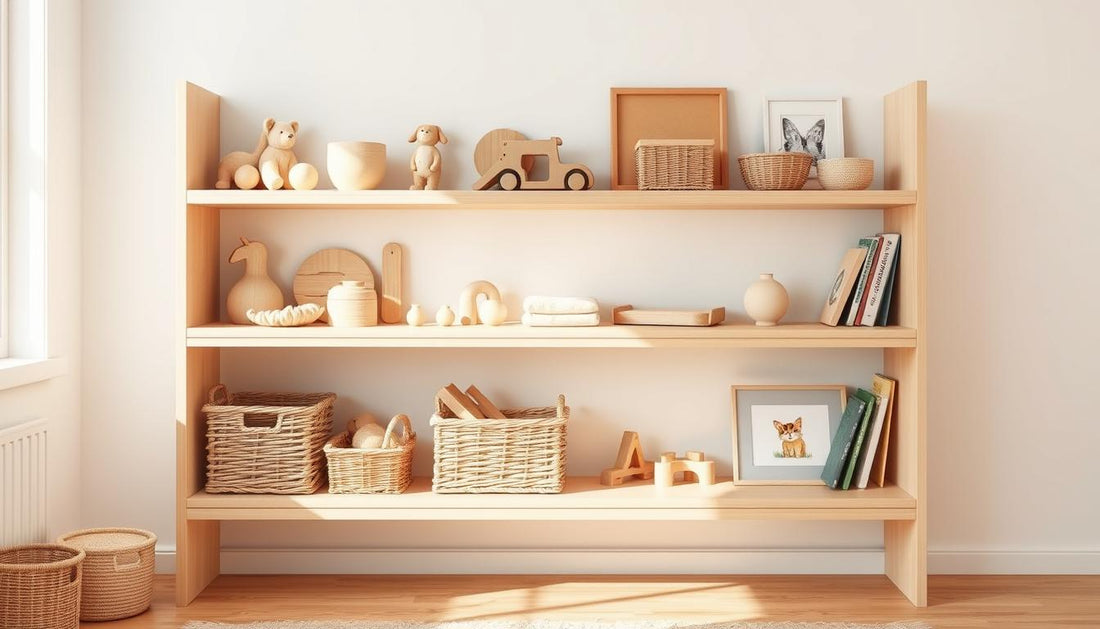 A beautifully organized Montessori shelf with wooden toys arranged neatly on open shelving