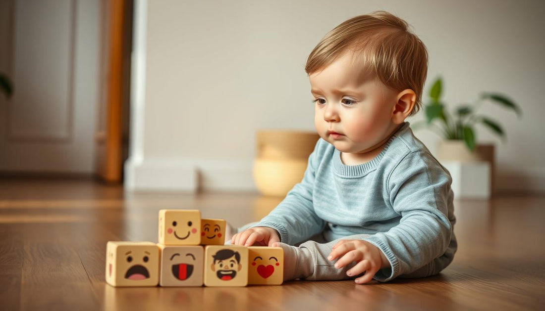 Toddler playing with wooden emotional learning toys showing different facial expressions