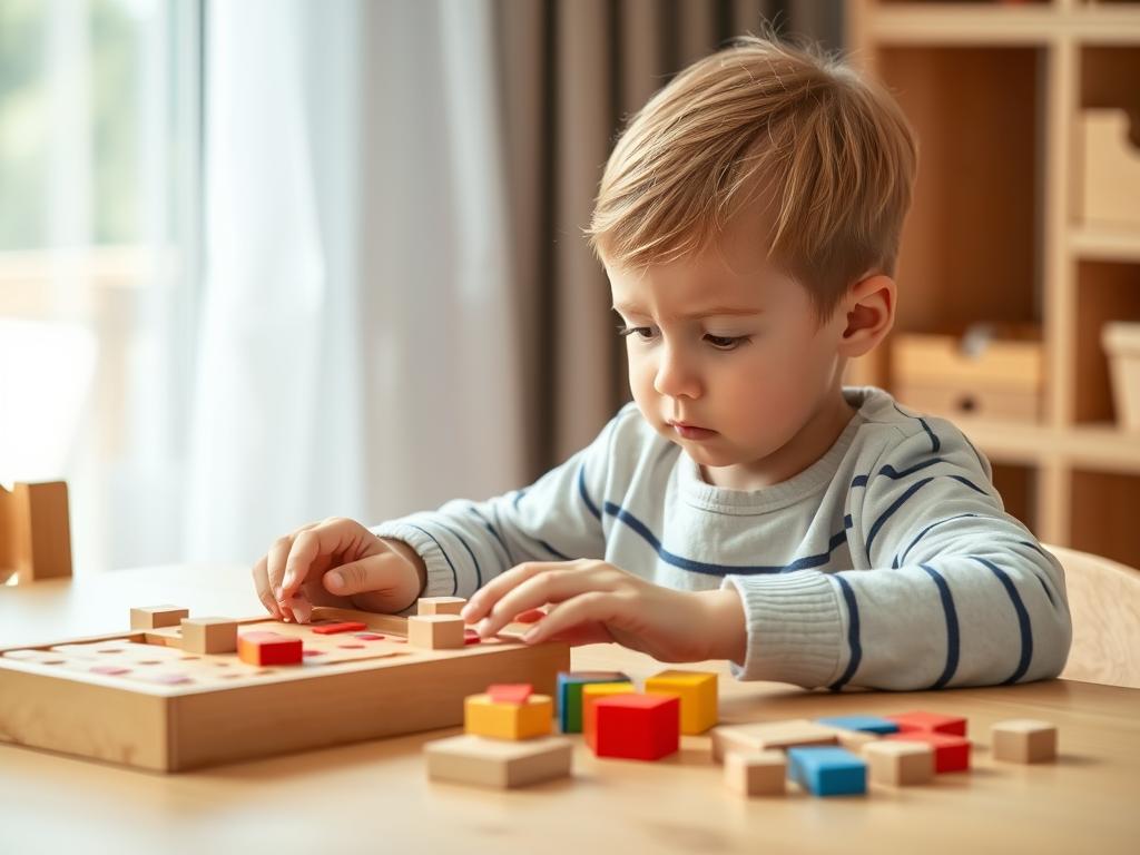A 4 year old child engaged with montessori toys, focusing intently on wooden blocks and puzzles