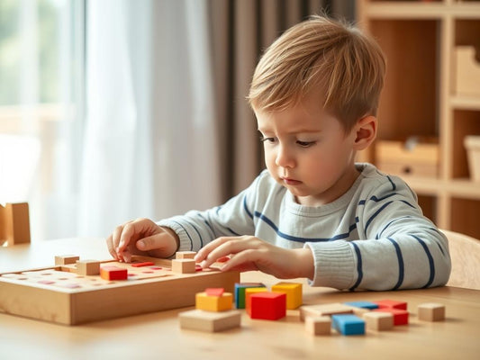 A 4 year old child engaged with montessori toys, focusing intently on wooden blocks and puzzles