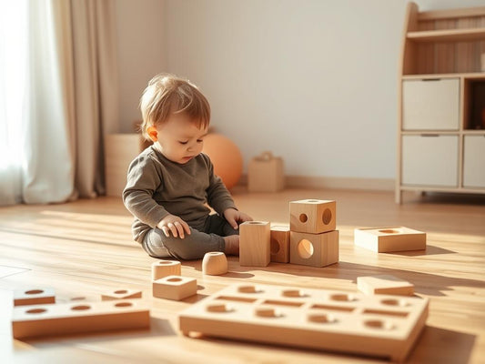Toddler engaged with wooden problem solving blocks, focusing intently on fitting shapes together