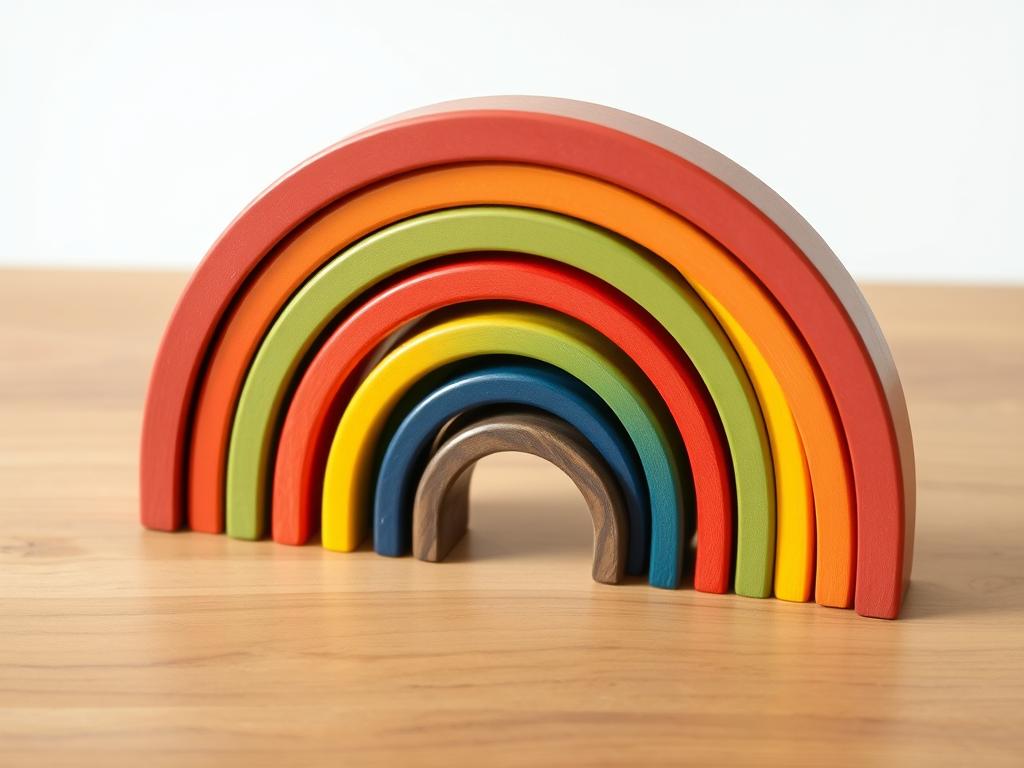 A colorful montessori wooden rainbow stacker with smooth arches arranged in size order