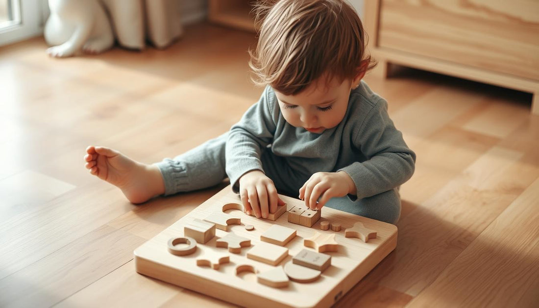 Child engaged with wooden Montessori problem solving toy, concentrating deeply