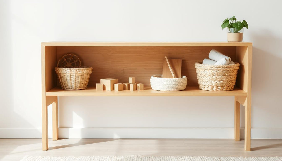 A wooden Montessori toy display shelf with neatly arranged toys in baskets
