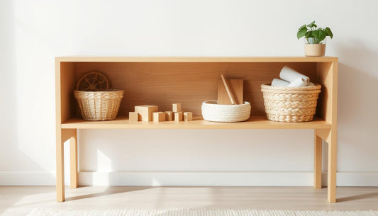 A wooden Montessori toy display shelf with neatly arranged toys in baskets