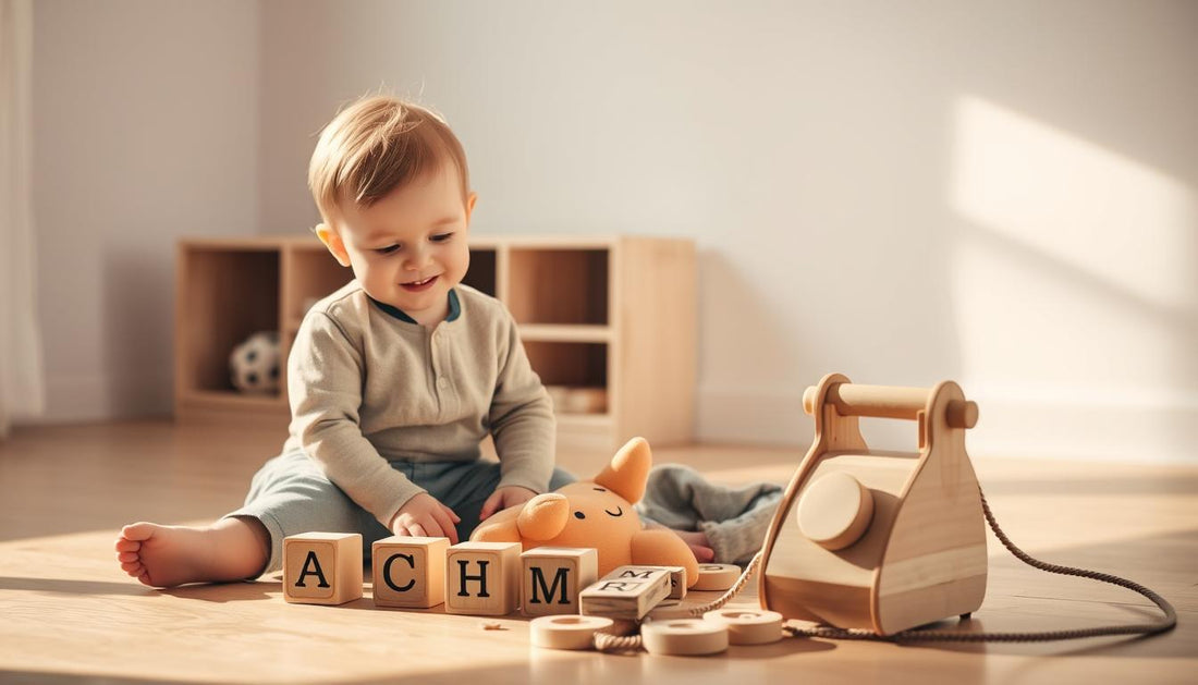 Child playing with wooden speech development toys while practicing sounds