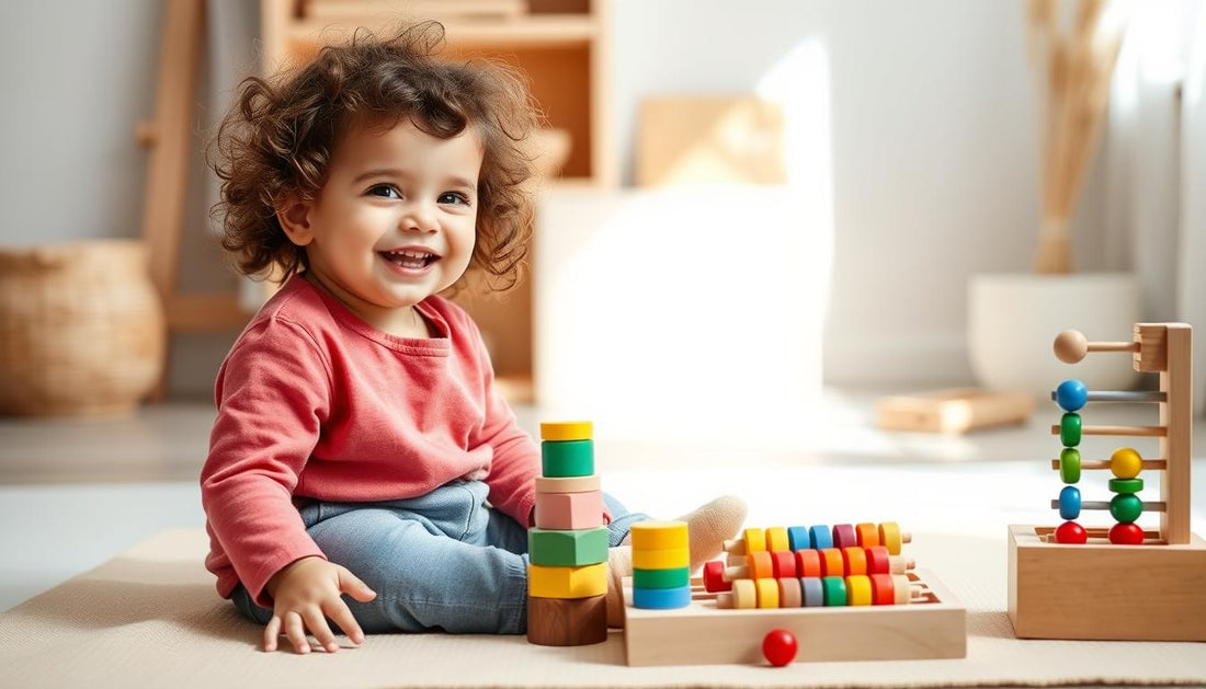 A happy toddler actively engaged with colorful wooden Montessori toys on a natural play mat