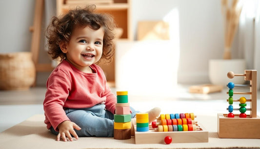 A happy toddler actively engaged with colorful wooden Montessori toys on a natural play mat