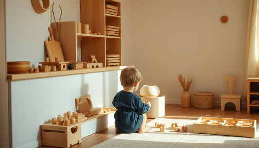 Child playing independently with wooden Montessori toys in a home environment similar to montessori toys daycare