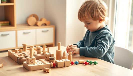 Child playing with wooden Montessori counting toys on a natural wood table