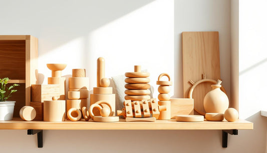 Various wooden Montessori toys arranged on a natural wood shelf, showing their simple, beautiful design and natural materials to