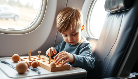 Child playing with wooden Montessori travel toys on airplane tray table