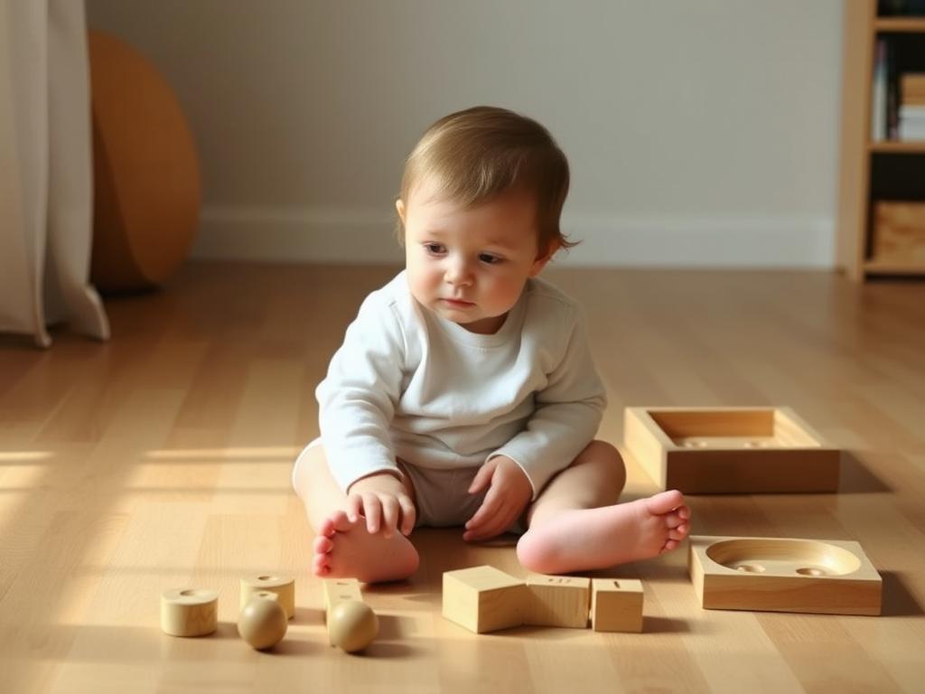 Toddler peacefully engaged with wooden Montessori calming materials in a natural light setting