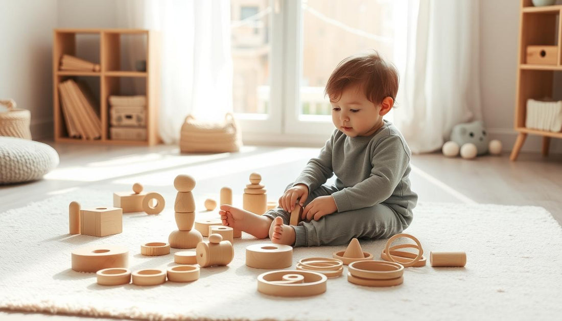 Child peacefully engaged with wooden afternoon quiet time toys in a sunlit room