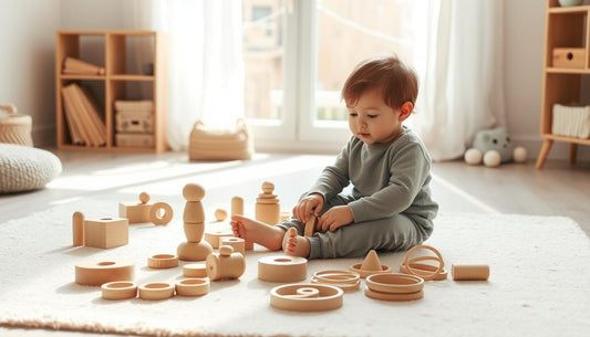 Child peacefully engaged with wooden afternoon quiet time toys in a sunlit room