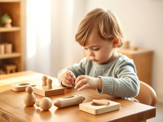 A young child using wooden hand strengthening toys on a natural wood table