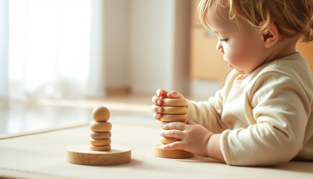 Child playing with wooden Montessori stacking toy on natural play mat