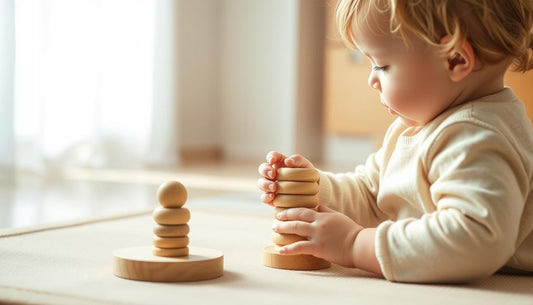 Child playing with wooden Montessori stacking toy on natural play mat