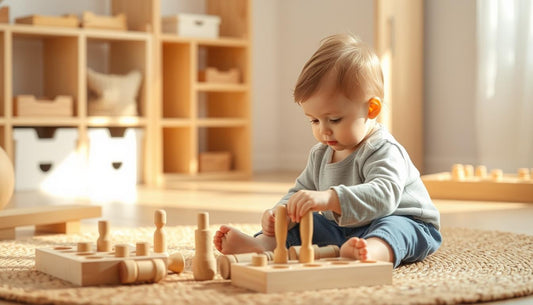 18-month-old toddler engaged in independent Montessori play activity