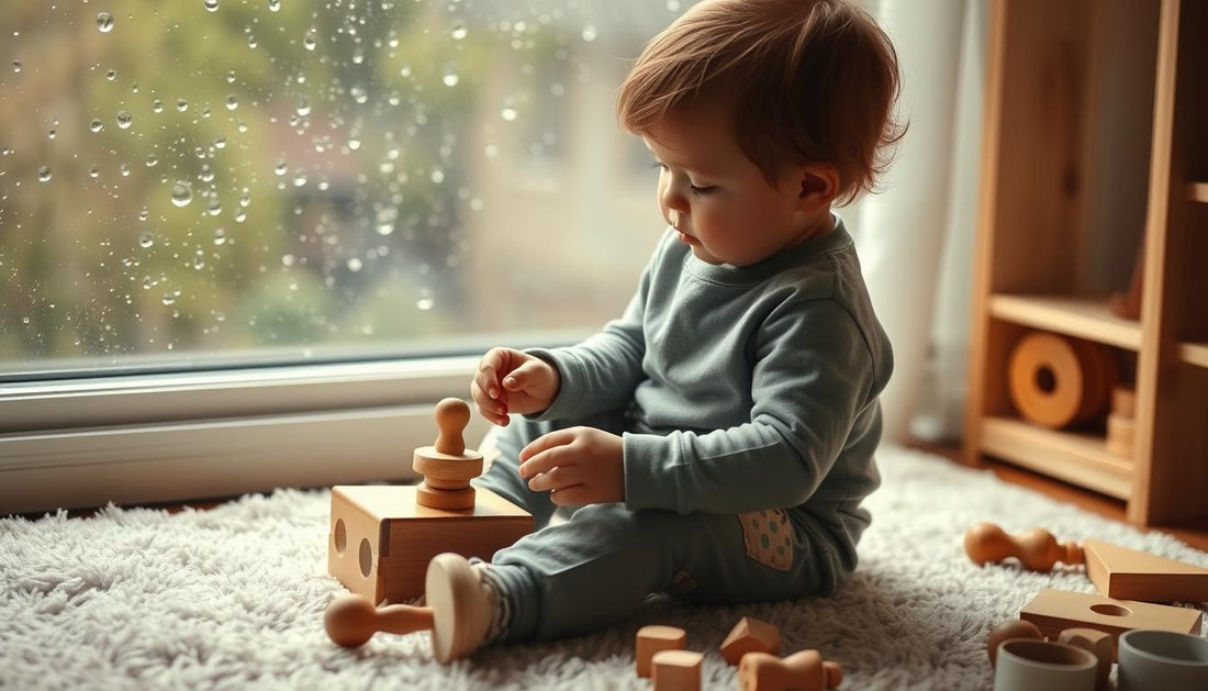 Child playing with wooden Montessori toys on a rainy day by the window