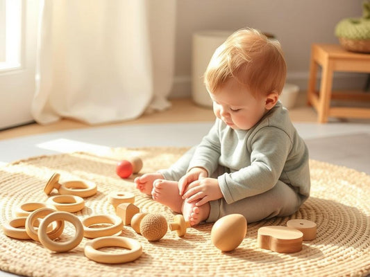 Toddler peacefully exploring wooden sensory toys on a natural play mat