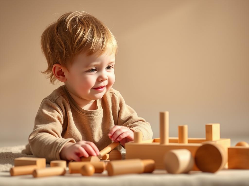Toddler engaged in focused play with wooden discovery toys