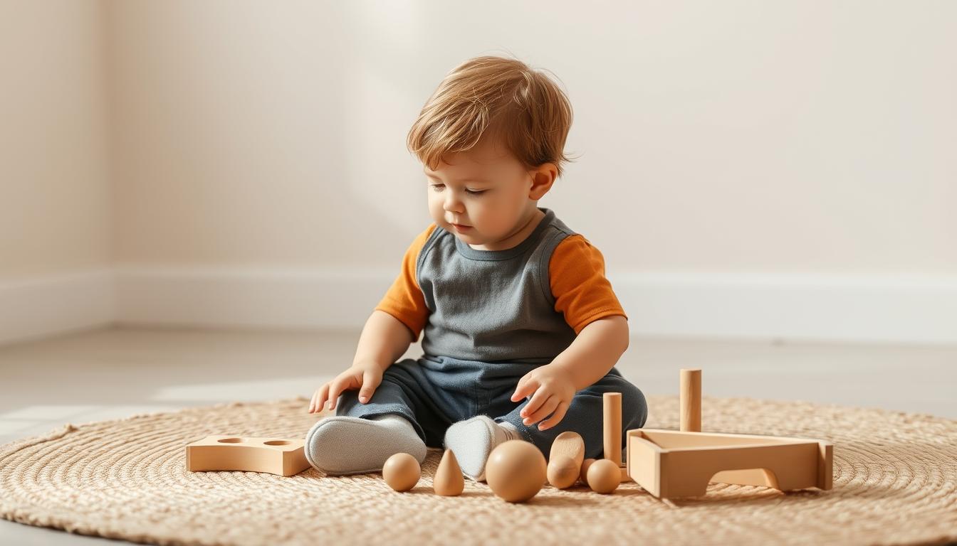 Child peacefully engaged with wooden quiet time toys in a calm, natural play space