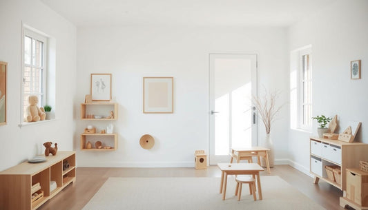 A simple Montessori home setup with low shelves, natural materials, and a few carefully selected activities at child height