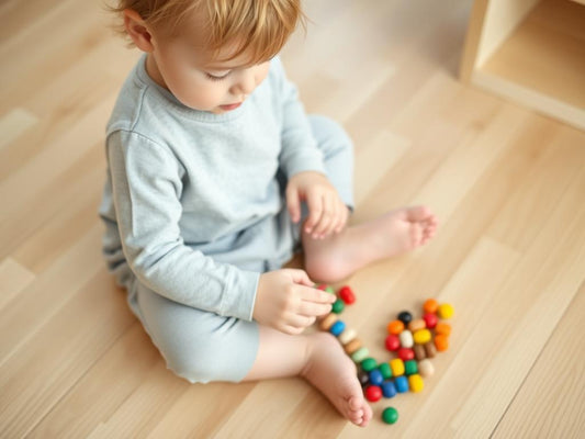 Toddler exploring colorful Montessori counting beads with focused concentration
