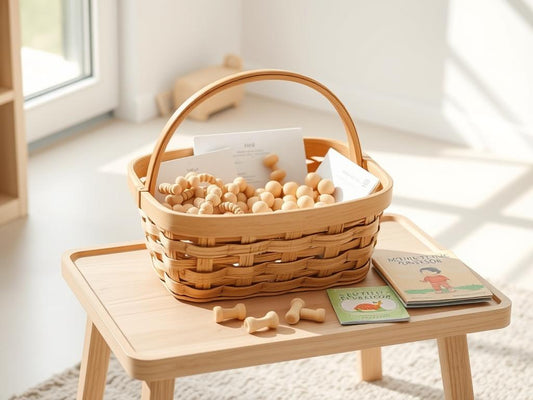 A wooden basket filled with Montessori materials including wooden counting beads, natural materials, and a few children's books 