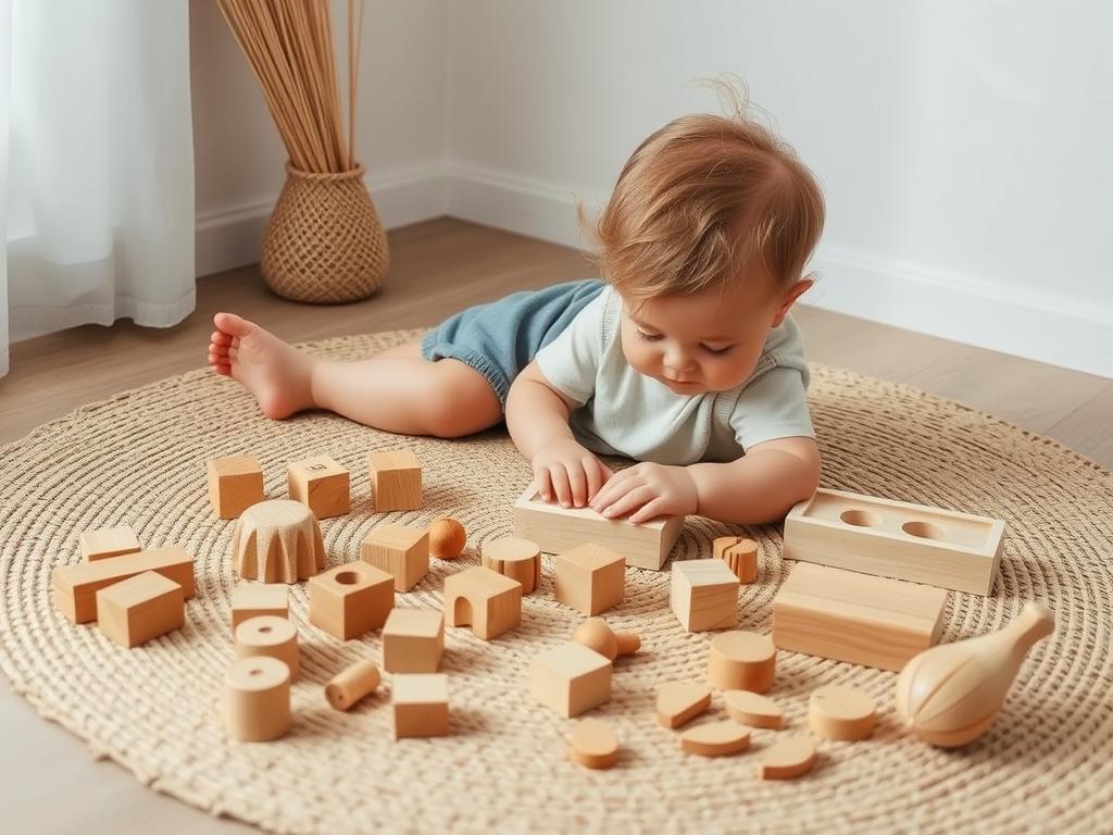 Child exploring wooden sensory toys on a natural play mat