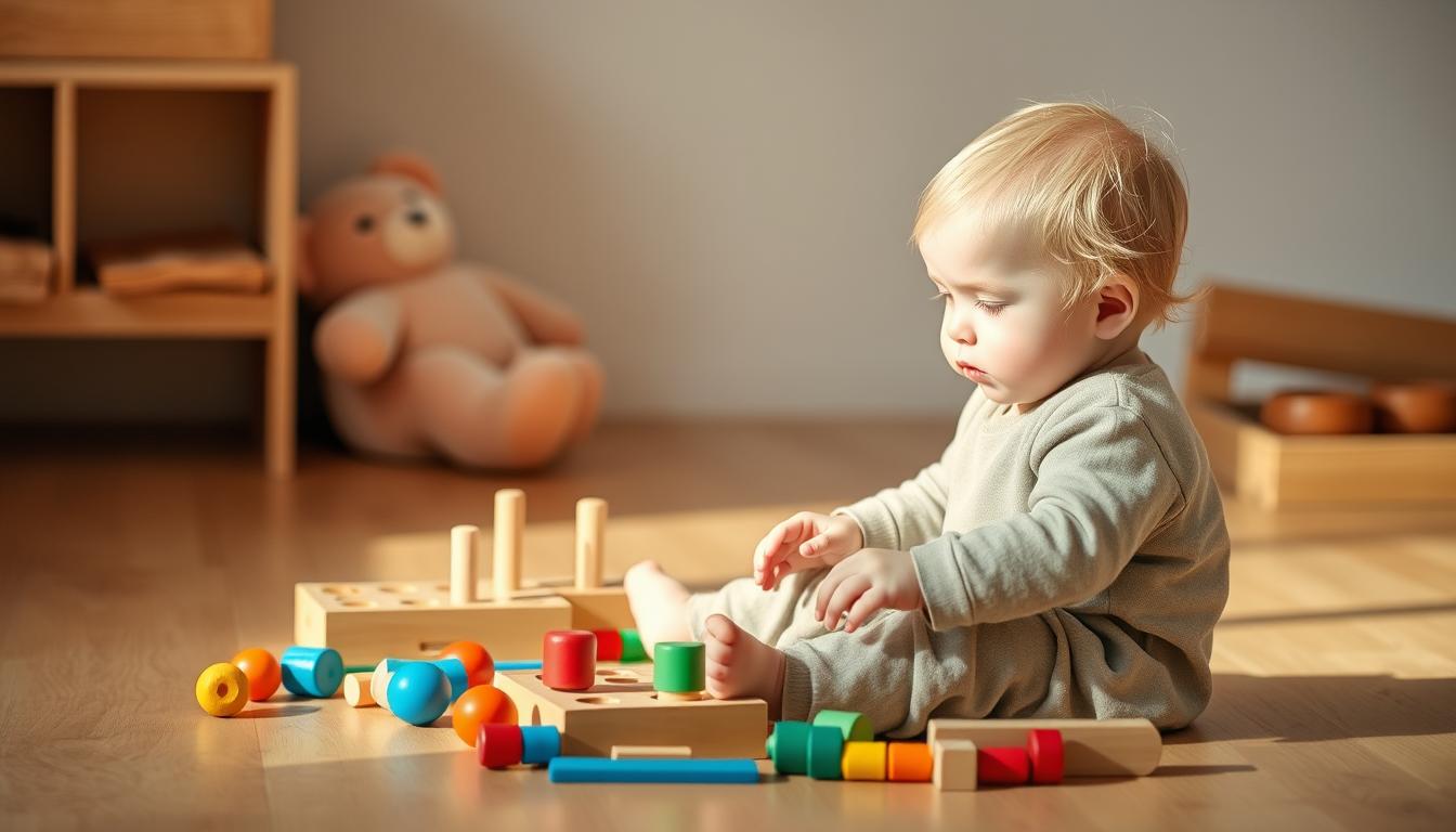 Child playing with sensory seeker toys on a natural wooden floor