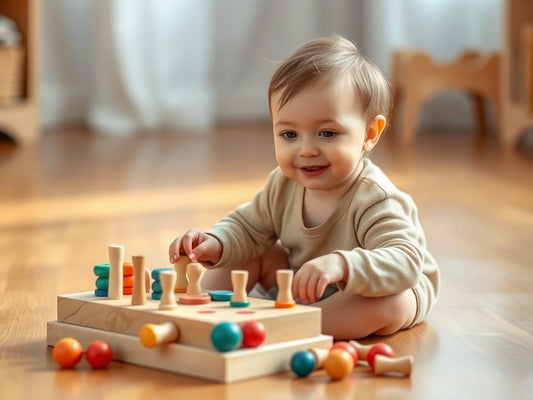 Child playing with wooden Montessori sorting toys on a natural surface