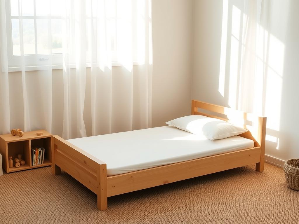 A simple wooden Montessori floor bed with a thin mattress in a minimalist child's bedroom with montessori floor bed setup