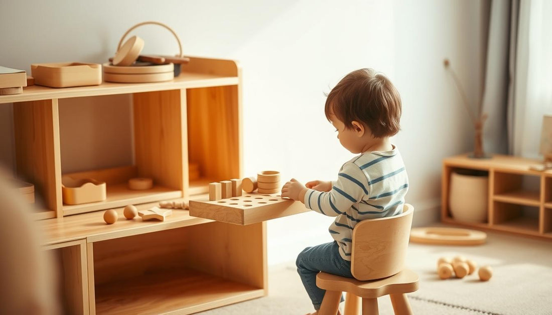 Child engaged in independent Montessori-style activity with natural materials