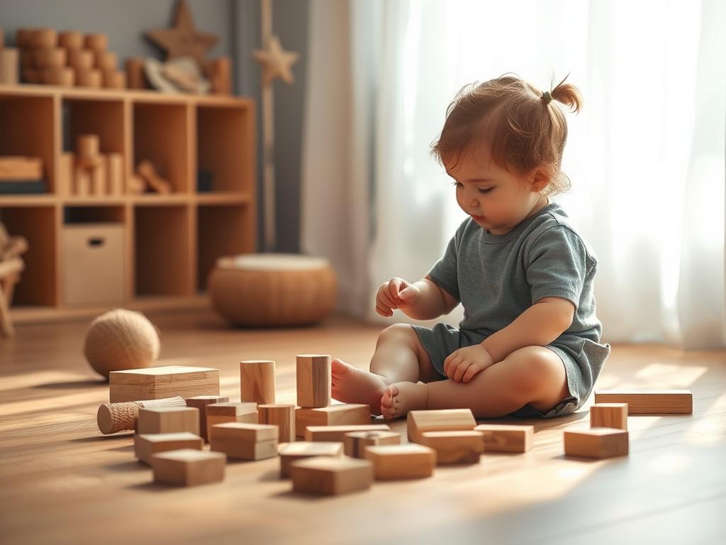 Child playing with wooden blocks and natural materials - screen free toys supporting development
