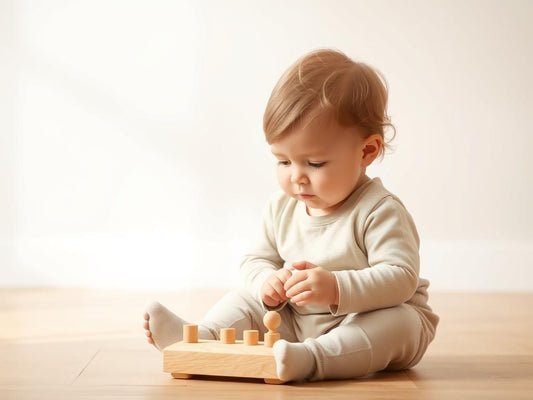 A shy toddler quietly exploring a wooden sensory toy with focused attention