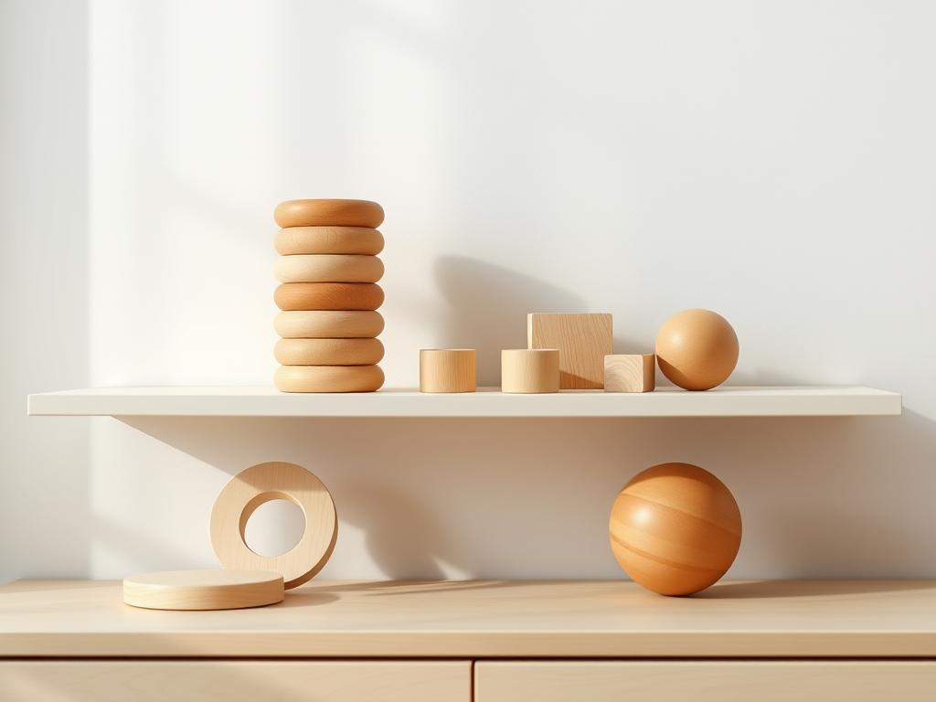 A collection of wooden Montessori minimalism toys arranged on a simple shelf, including stacking rings, blocks, and a balance bo