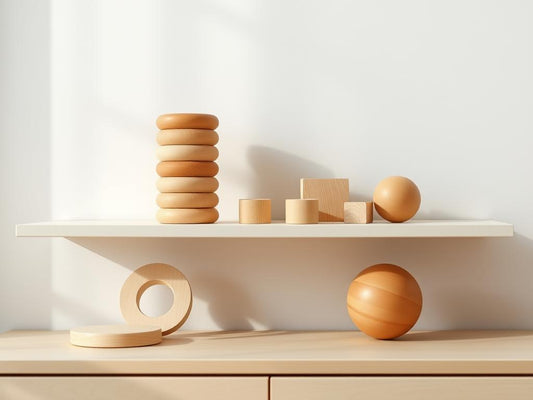 A collection of wooden Montessori minimalism toys arranged on a simple shelf, including stacking rings, blocks, and a balance bo