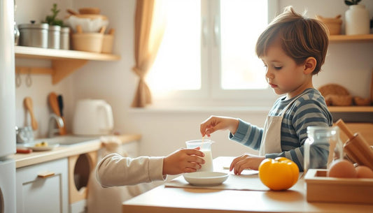 Child independently preparing breakfast in a Montessori-inspired kitchen setup with accessible tools and materials