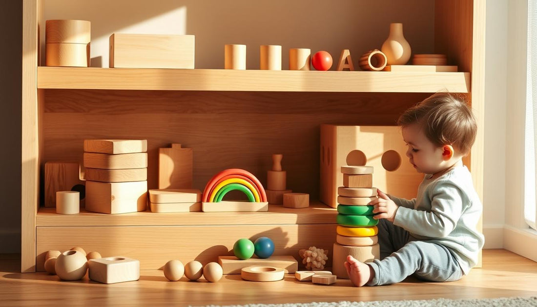 A collection of wooden Montessori toys arranged on a natural shelf with a child exploring them independently