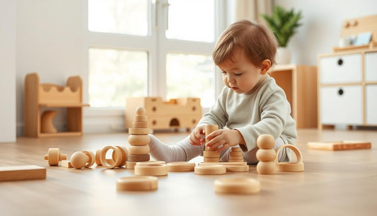 A child playing independently with wooden Montessori preschool toys in a calm, organized play space
