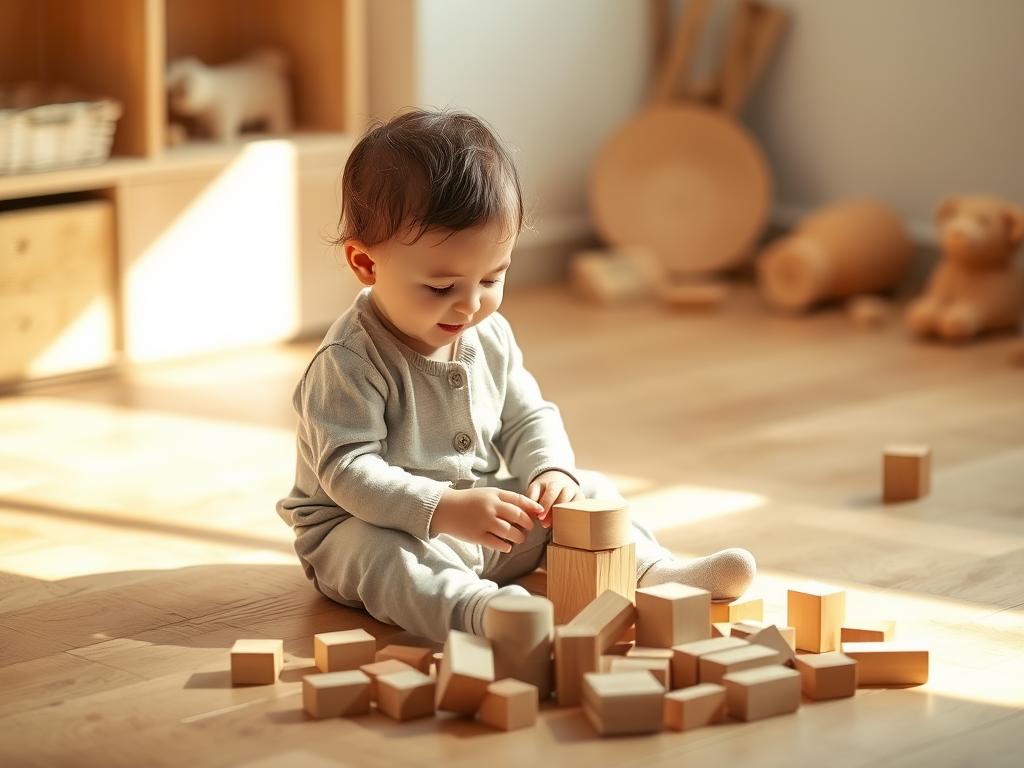 Toddler playing with wooden blocks and natural materials, demonstrating imagination toys toddlers concept