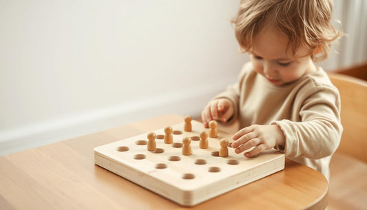 A young child carefully placing wooden pegs into a fine motor therapy toy