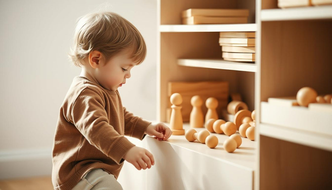 Child engaged with wooden Montessori materials on a low shelf, demonstrating independence and concentration