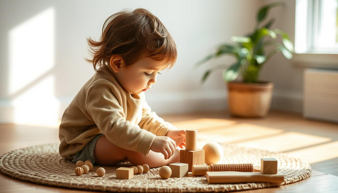Child playing with wooden eco friendly toys on a natural fiber mat