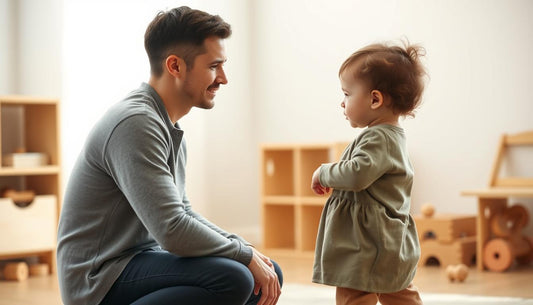 A calm parent kneeling at child's level during a tantrum, demonstrating the Montessori approach to stop toddler tantrums