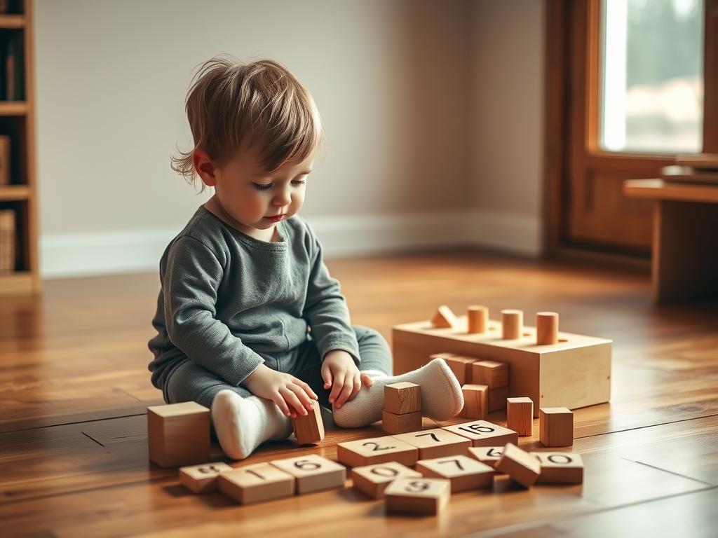 Toddler playing with wooden Montessori counting blocks and number tiles