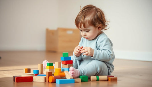 Toddler exploring colorful wooden logic building blocks with concentration